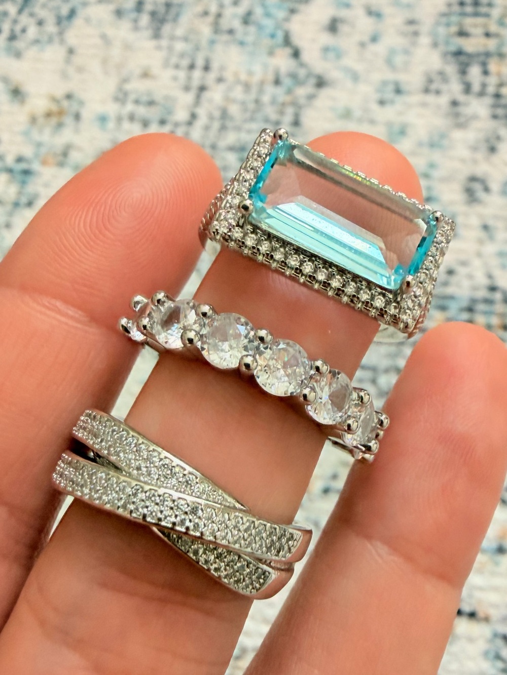 Sterling Silver Blue Topaz and Cubic Zirconia Ring Set of 3 SIZE 8